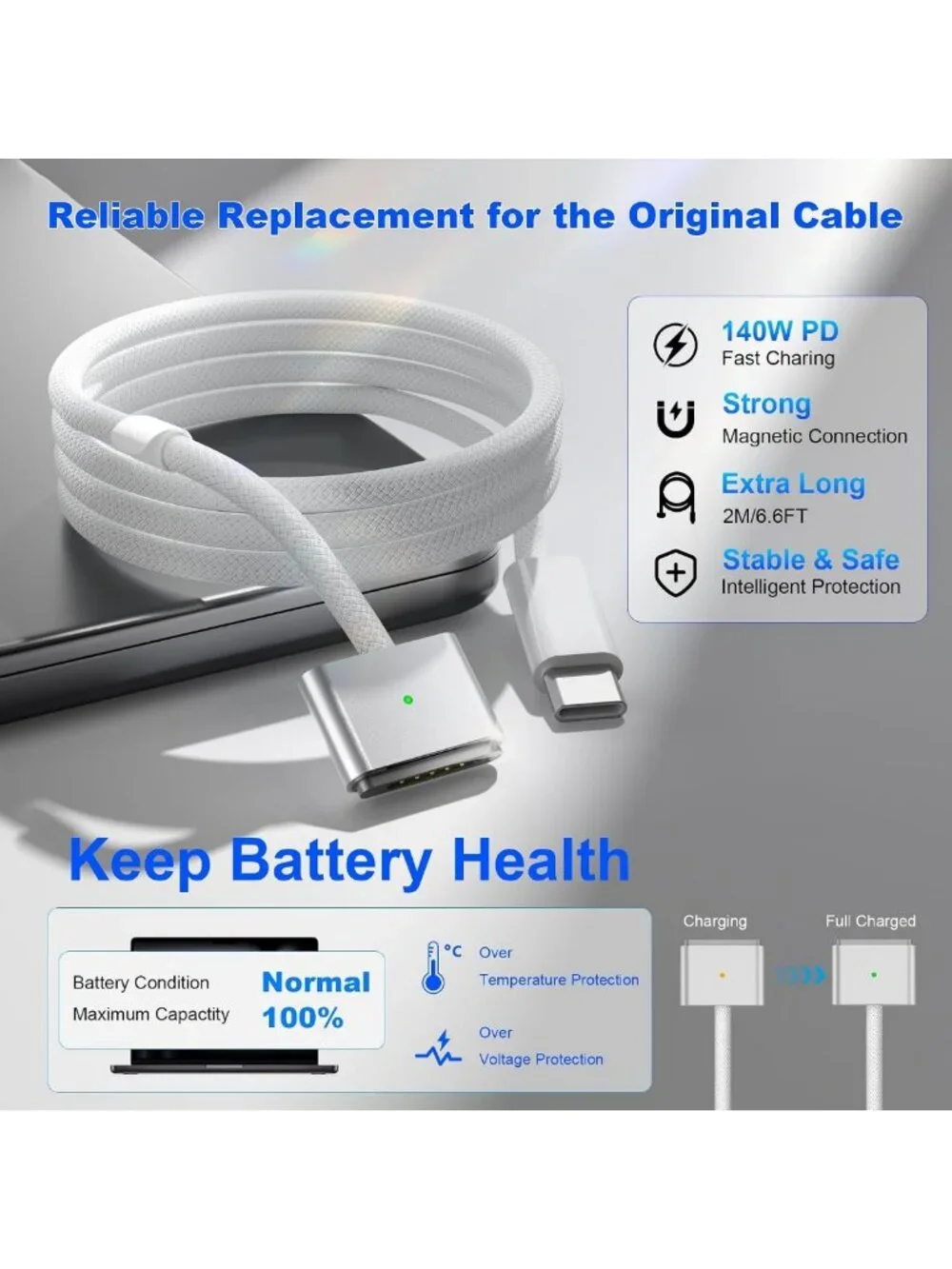 140W Magnetic USB-C Charging Cable for MacBook, 6.6FT Fast Charge, Durable